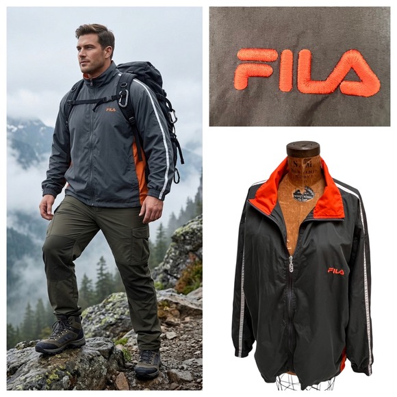Fila Other - Fila Sport Mens 1XB Windbreaker Jacket Grey Orange Mesh Lined Gorpcore Big Tall